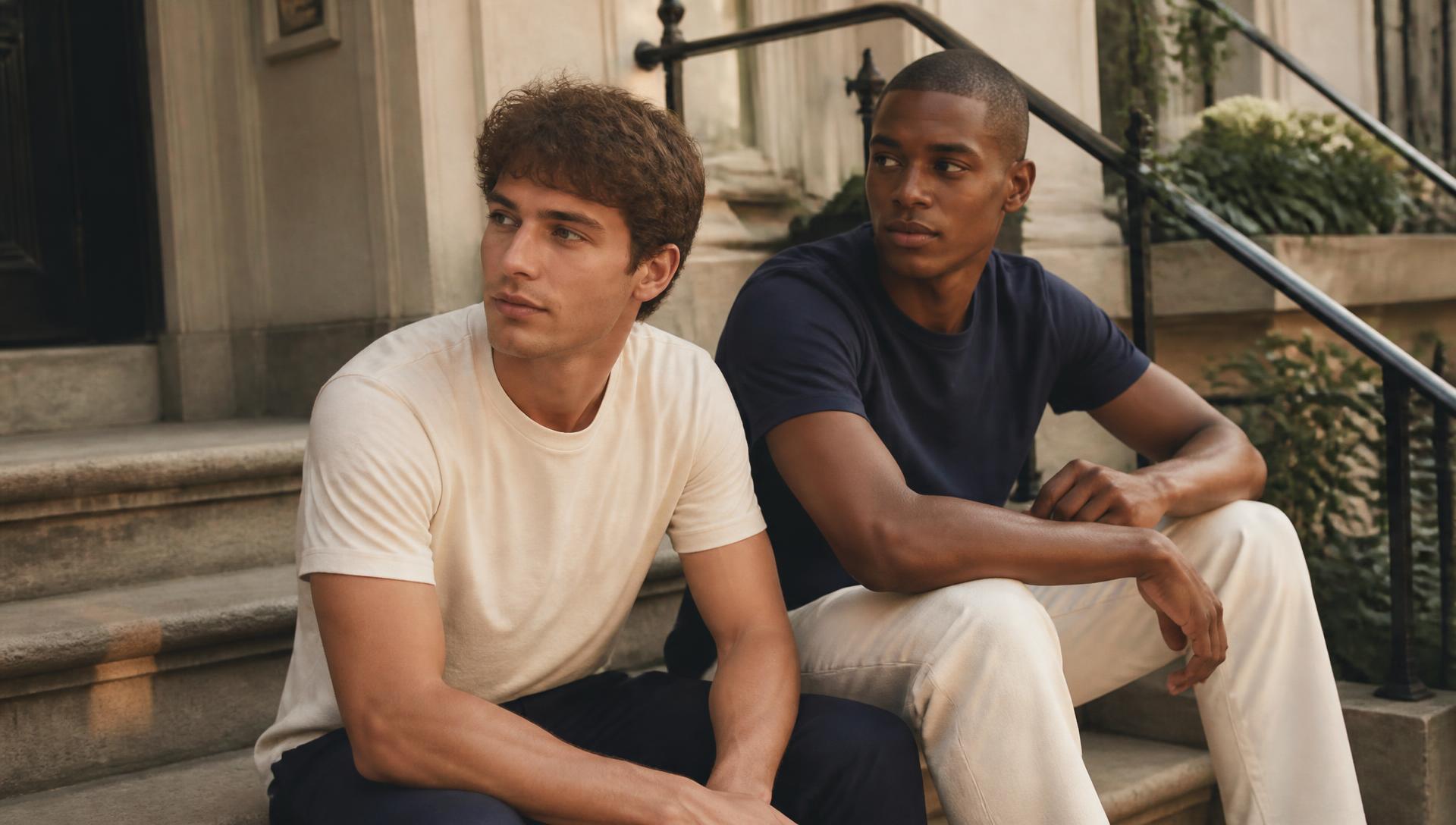 Two people in cream and navy tees on townhouse steps